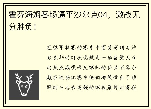 霍芬海姆客场逼平沙尔克04，激战无分胜负！